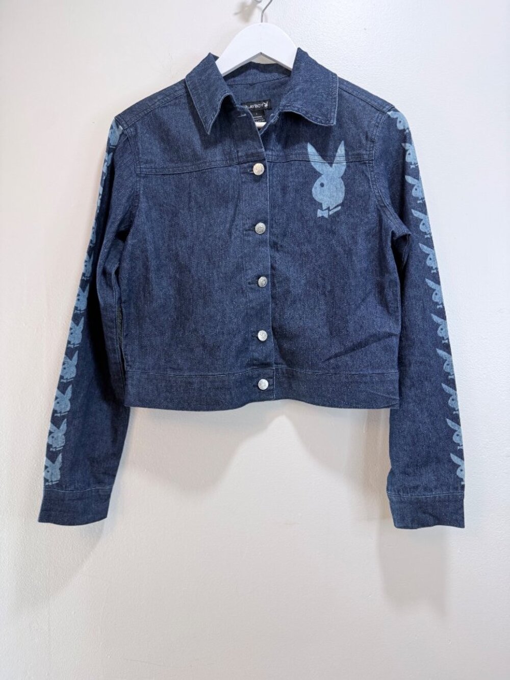 Playboy Cropped Denim Jacket Y2K Graphic Bunny Logo NWT Small 4/6